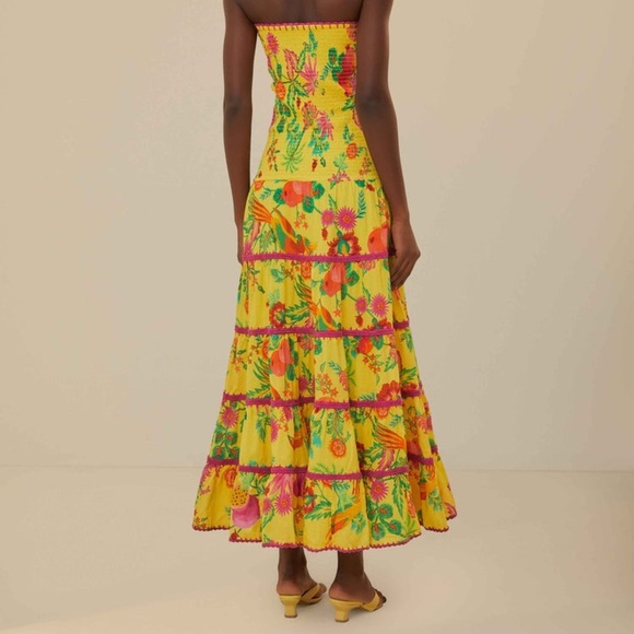 Farm Rio Delicate Fruit Garden Yellow Smocked Strapless Halter Tiered Maxi Dress - Picture 4 of 14